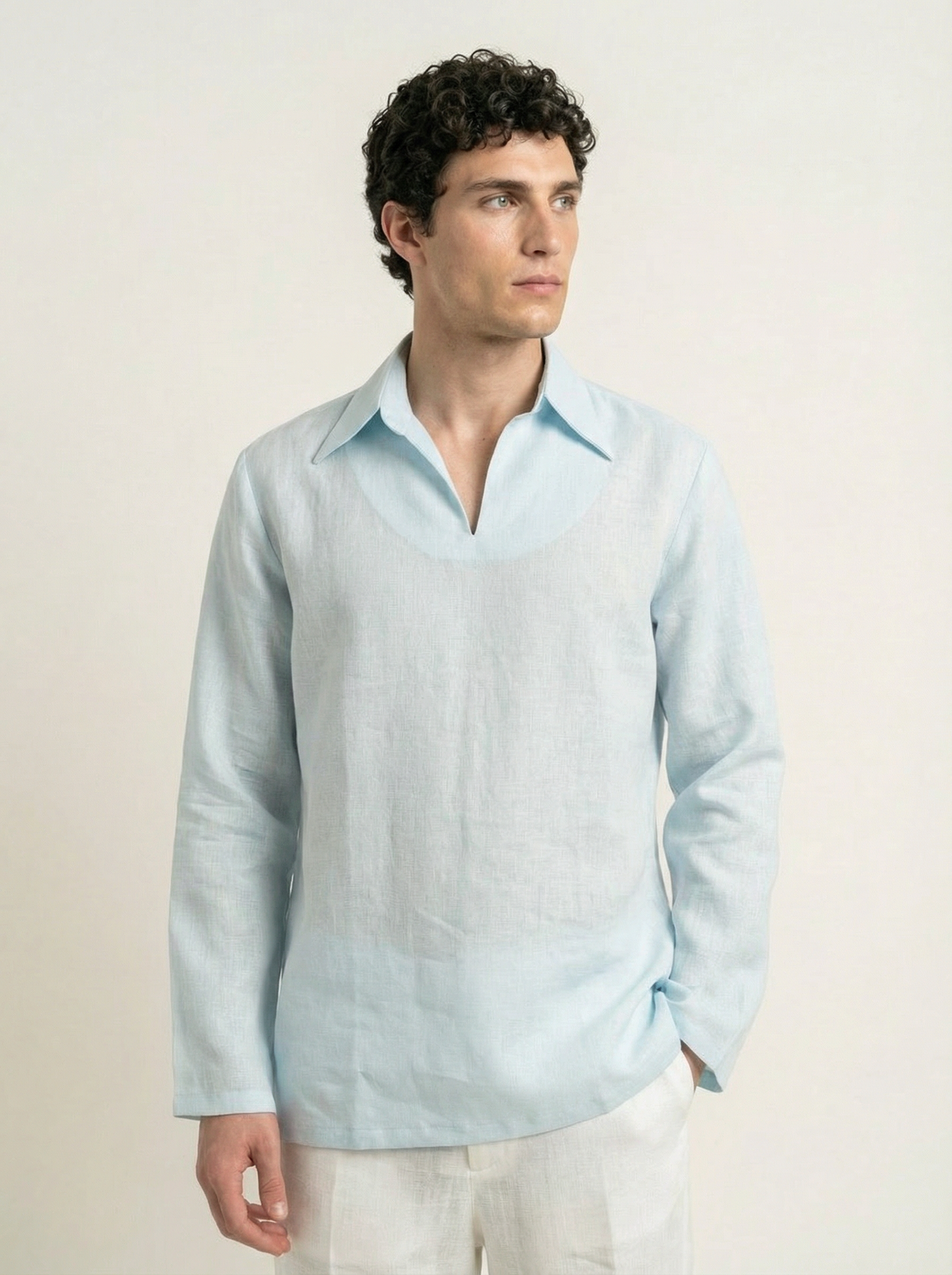 Blue V-neck linen shirt